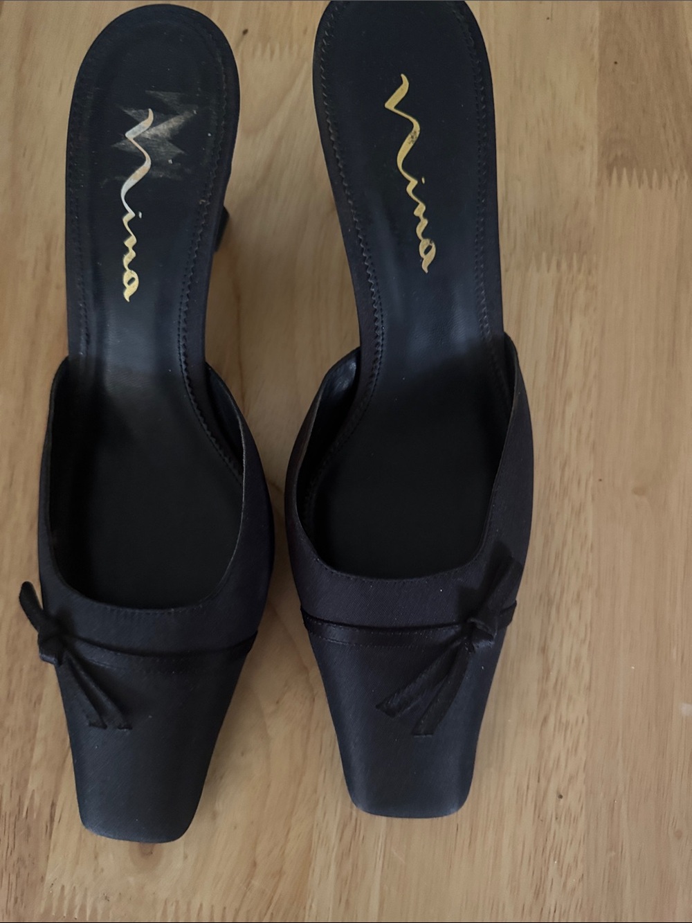 Nina Black Satin Square-Toe Mules with Bow Accent